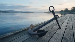 Anker auf einem Holzsteg neben ruhigem Wasser