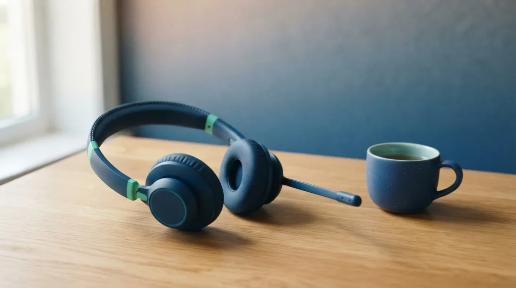 Schwarzes Headset mit Mikrofon auf einem hellen Schreibtisch