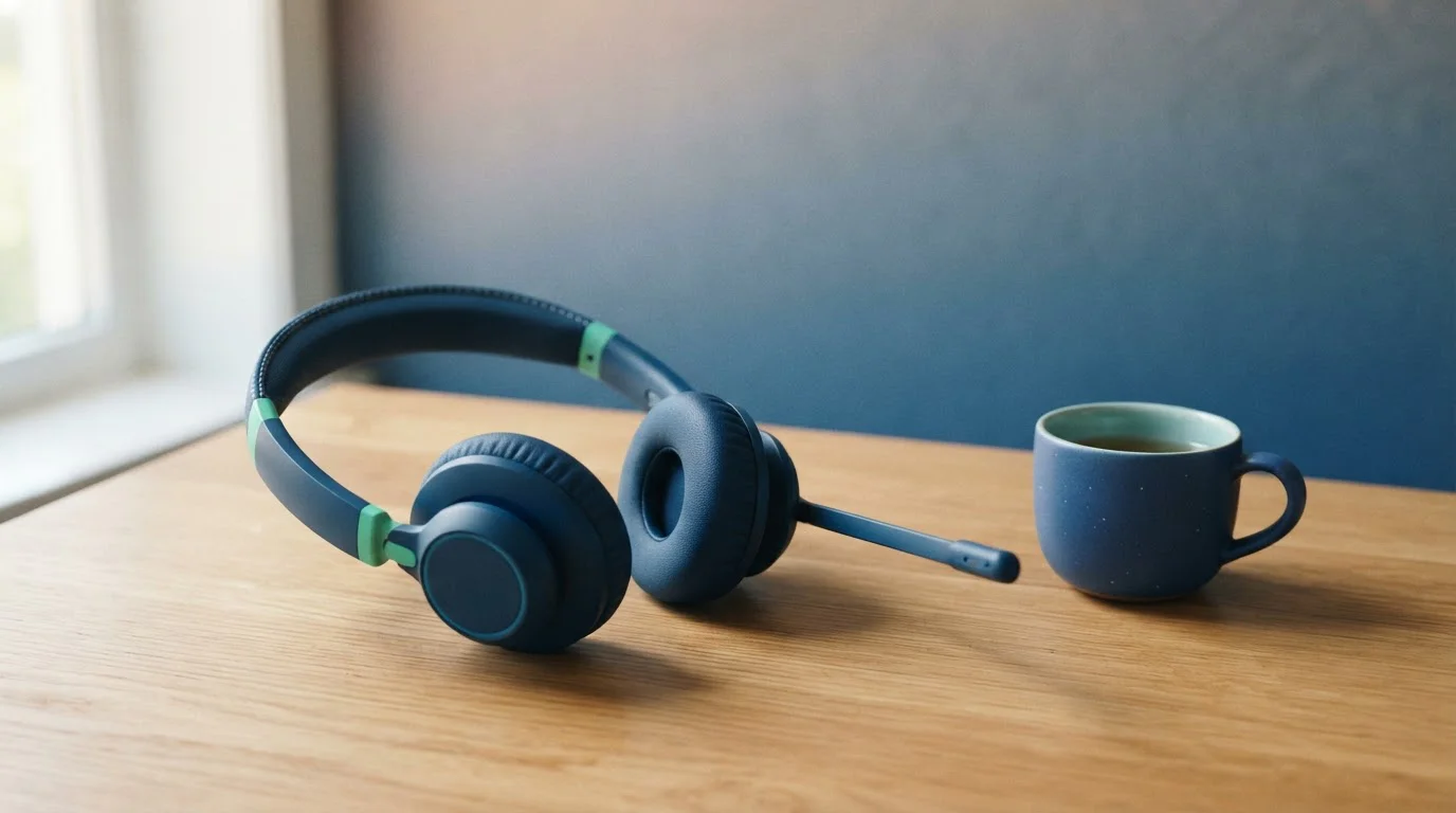 Schwarzes Headset mit Mikrofon auf einem hellen Schreibtisch