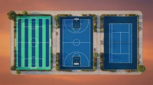 Fußballfeld, Tennisplatz und Basketballfeld aus der Vogelperspektive
