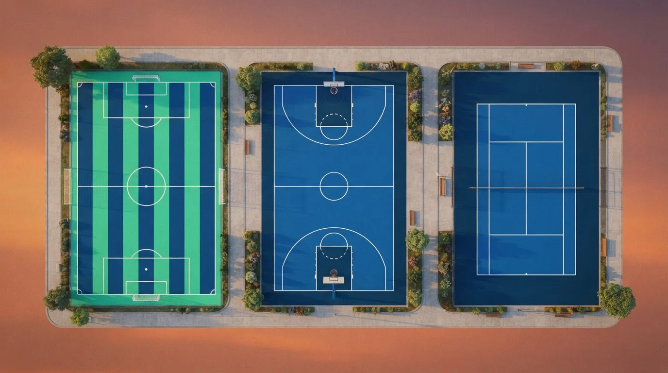 Fußballfeld, Tennisplatz und Basketballfeld aus der Vogelperspektive